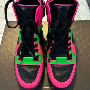 Gucci Black High-Top Sneakers with Neon Pink and Neon Green Accents